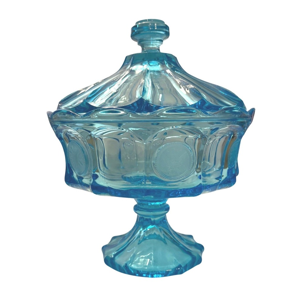Large Fostoria Ice Blue Coin Glass Pedestal Compote with Lid MCM Eagle 10" MINT